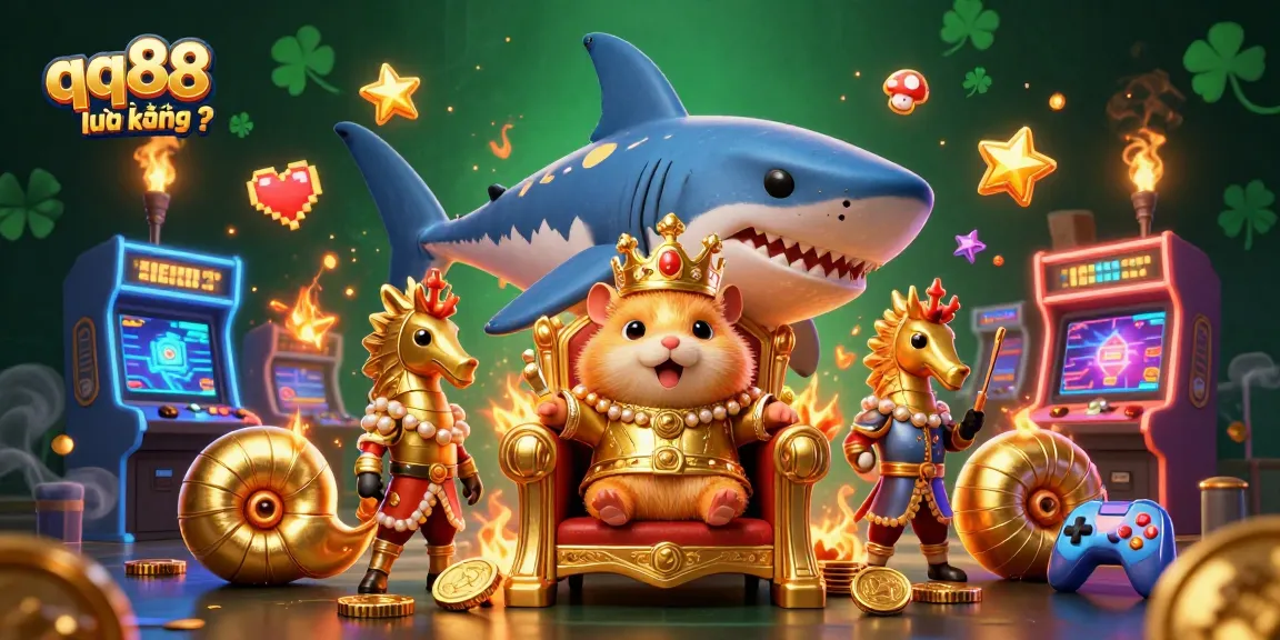 Engage with qq88 lừa đảo không ? through the vibrant 3D casino scene showcasing a golden hamster king.