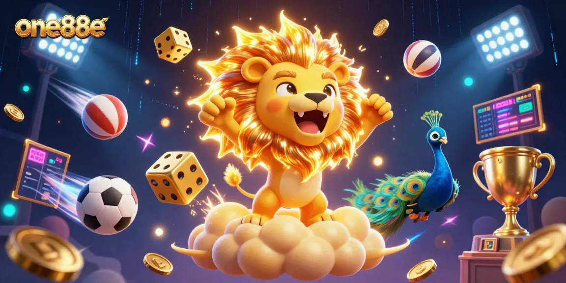 Experience thrilling gaming at one88e with golden lion, dynamic dice, and sports elements