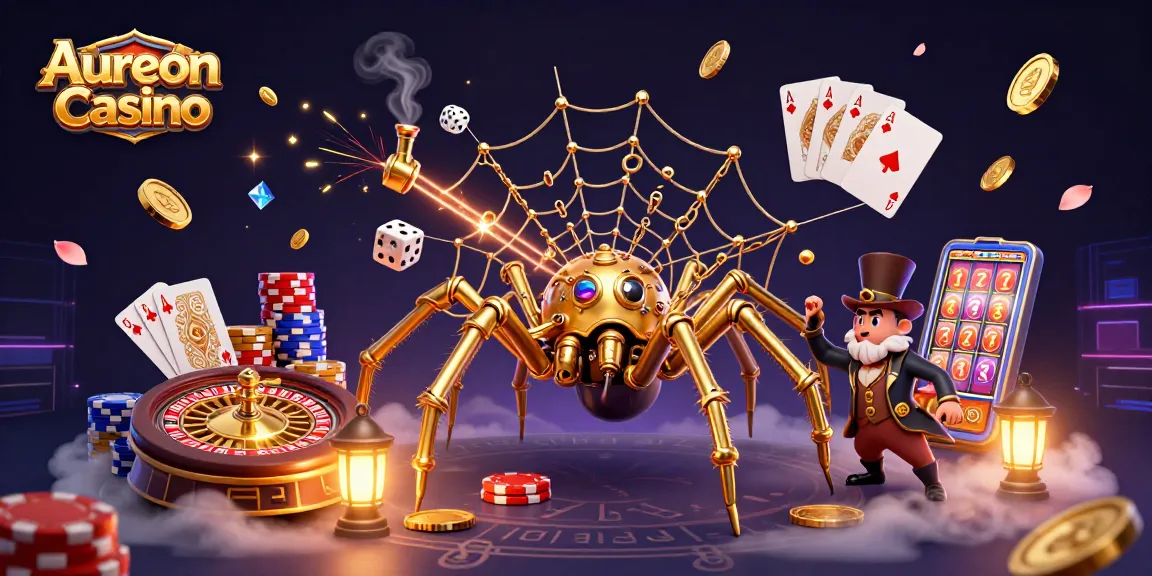 Aureon Casino showcases a vibrant 3D illustration of a steampunk spider capturing dice and surrounded by dazzling casino elements.